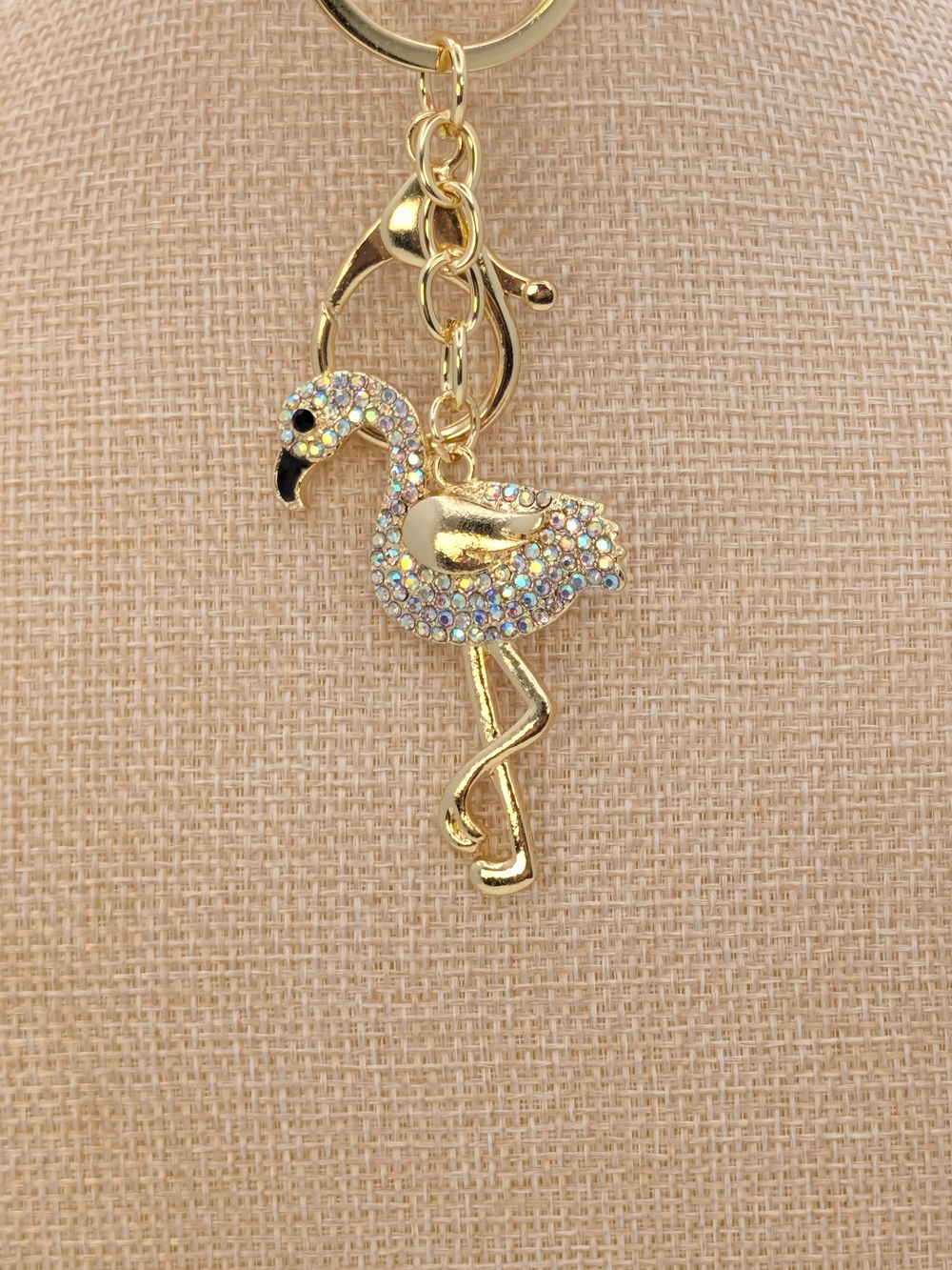 Gold Tone Iridescent Rhinestones Flamingo Keychain Bag Charm